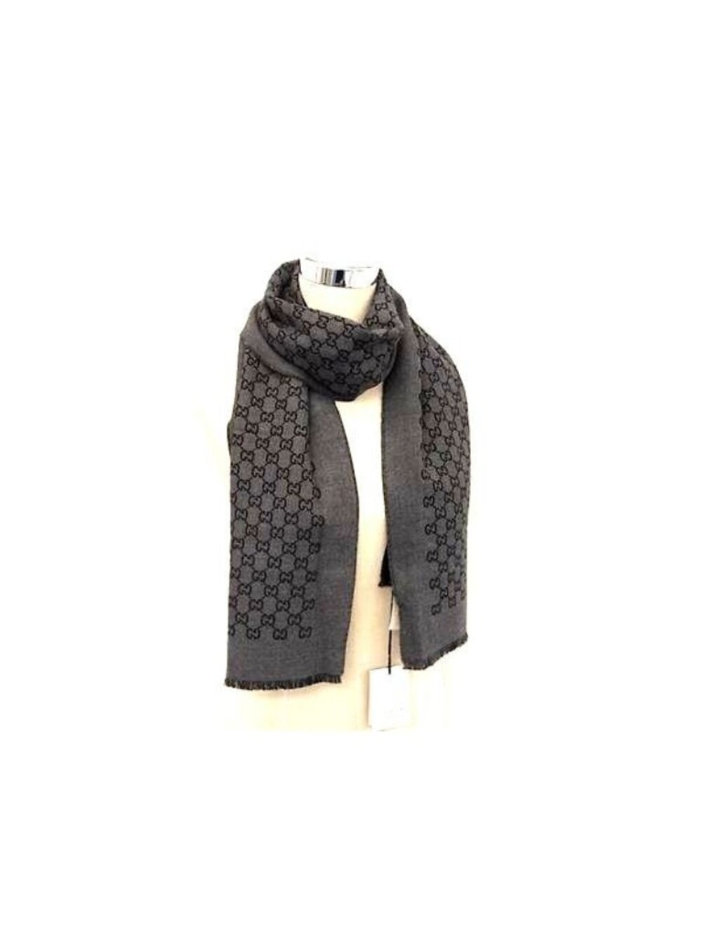 Gucci Double Jacquard GG Wool Scarf Shawl Gray Black